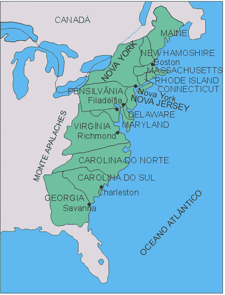 As 13 colônias na época da independência.